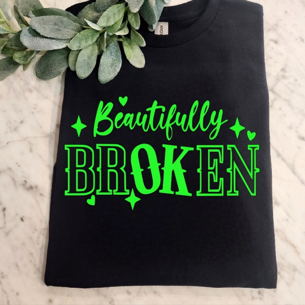 Beautifully broken shirt cute short sleeve lime green and black